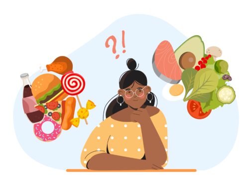 Food choice concept. Young girl compares fast food and natural and organic products. Vegetarian diet and proper nutrition. Active lifestyle and fitness metaphor. Cartoon flat vector illustration